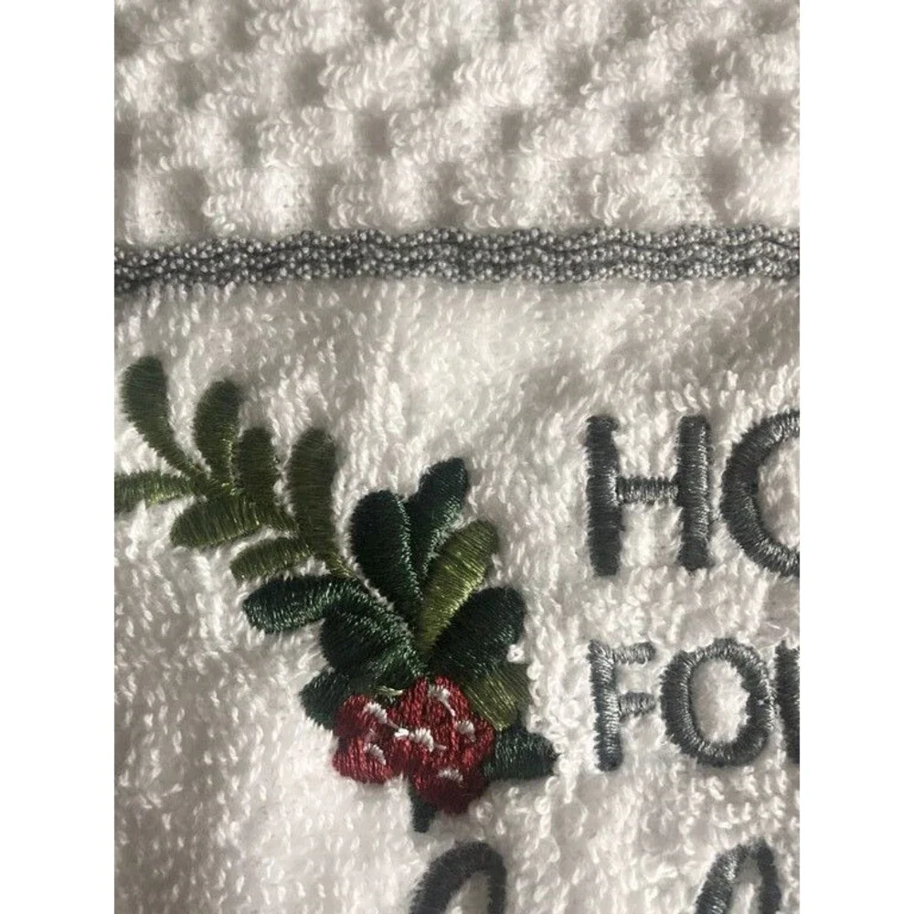 Christmas Home For the Holidays Bath Towels White Embroidered Holly Set Of 2